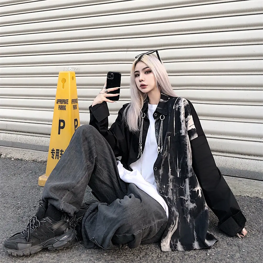 Tie Dye Long Sleeve Button Up Blouse with Chain for Women Ladies Goth Gothic Shirt Clothes Cardigan Alt Emo Clothing