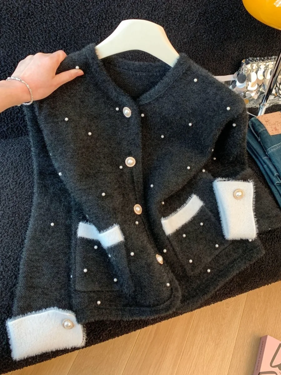 

Heavy Embellied Pearl Sweater Cardigan Women's Autumn Winter New Sle Mink Velvet Self-Kee Korean Version V-ne