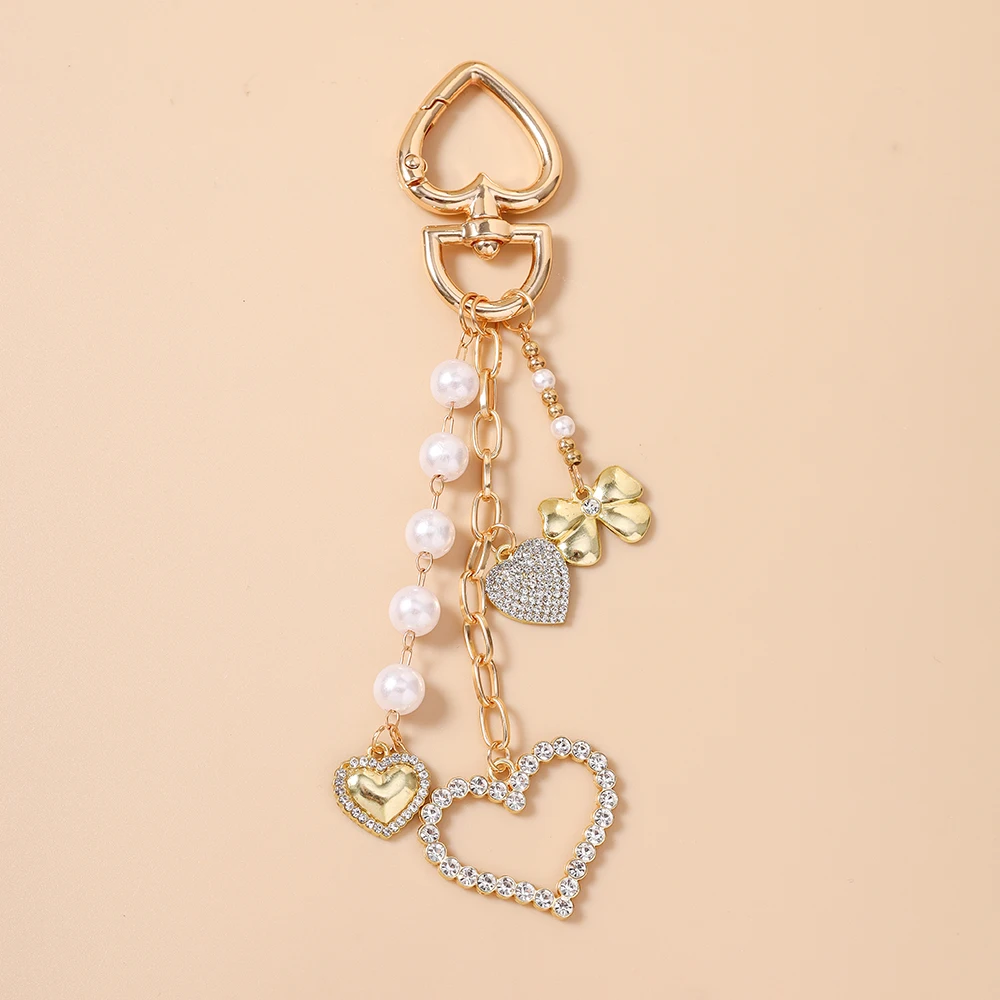 Aihua Goldfarbener Exquisiter Perlen-Kristall-Herz-Schlüsselanhänger, Niedliche Schlüsselanhänger für Frauen und Mädchen, Handtaschenanhänger, Schlüsselketten, DIY-Schmuck – Detail 6