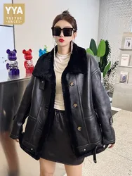 Winter Thick Warm Single Breasted Womens Real Fur Coat Lapel Medium Long Genuine Leather Motorcycle Jacket Shearling Overcoat