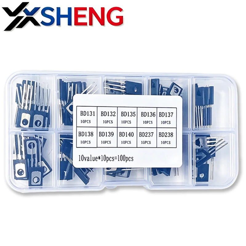 100PCS/Box New TO126 Transistor KIT BD131 BD132 BD135 BD136 BD137 BD138 BD139 BD140 BD237 BD238 10Values Includes Model Each 10