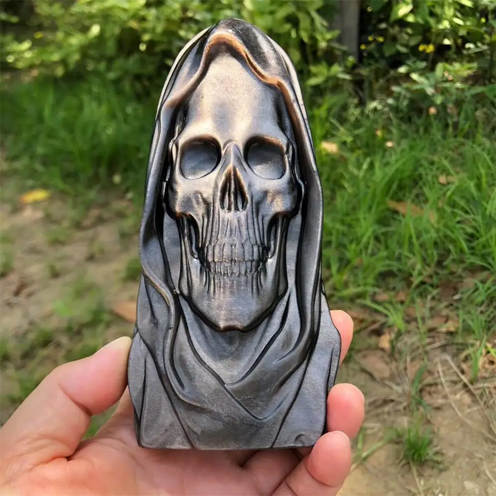 Natural Silver Obsidian Death God Statue Carving Energy Healing Polished Mineral Home Decor Ornament Figurine
