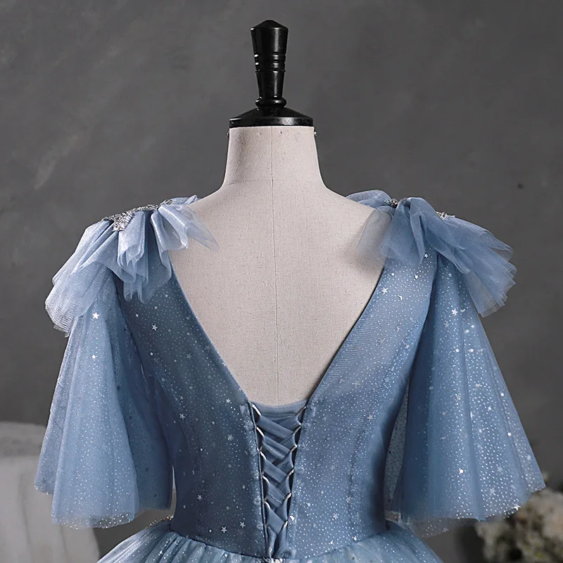 Sukienka wieczorowa damska szaro-niebieska z brokatem, luksusowa, modna, z siateczki, na występy, spotkania roczne, dla prowadzącej, 2025