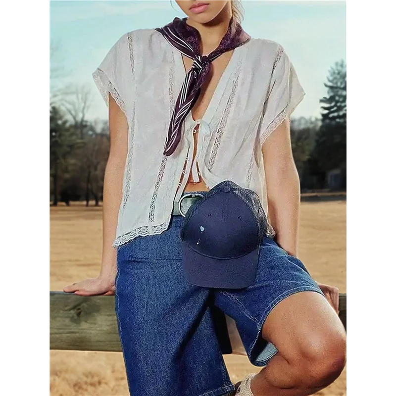 

ABP-Women V Neck Tie Open Front Shirts Summer Oversized Button Down Blouses Casual Short Sleeve Lace Trim Shirt Tops
