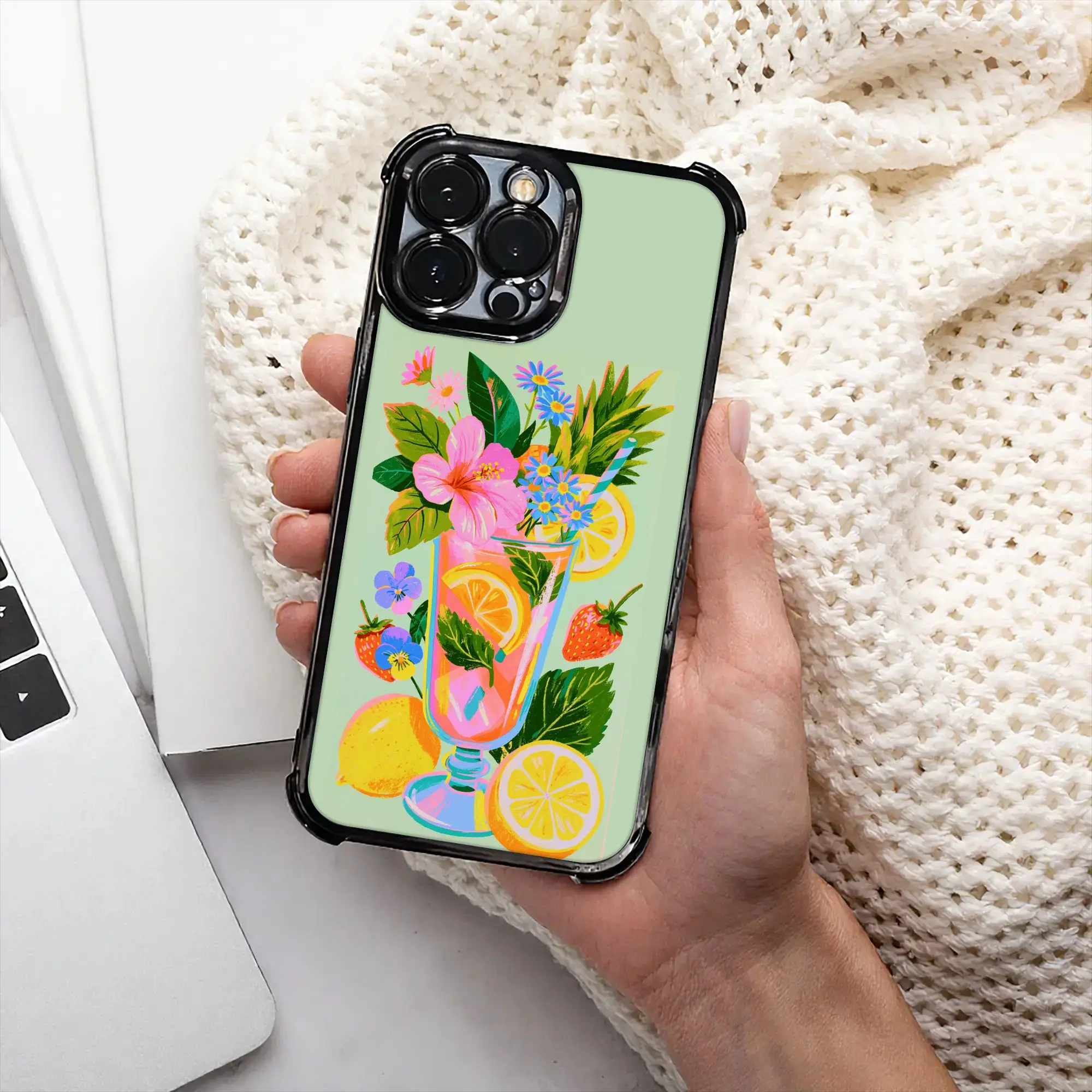 Coque de protection en verre avec fleurs et citrons, procédé d'électrodéposition, pour iPhone, divers modèles 17 16 15 14 13 12 11