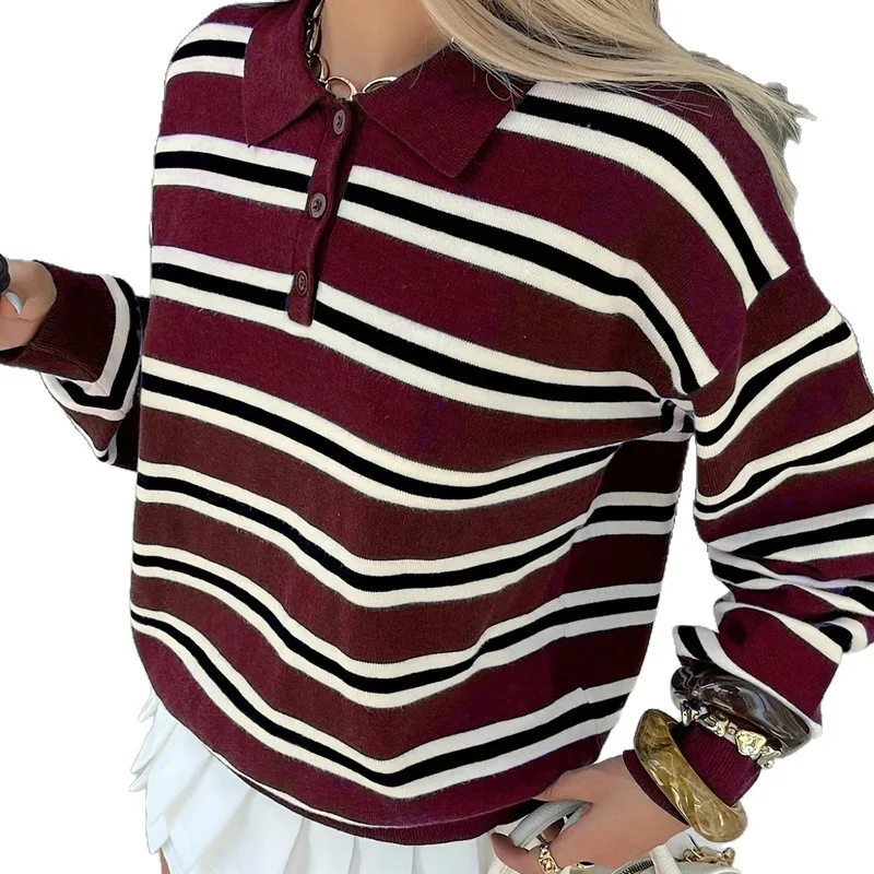 Women's T-shirts And Elegant Loose Fit Long Sleeve Polo Shirt with Button Placket Turn Down Collar Color Block Cotton Blend