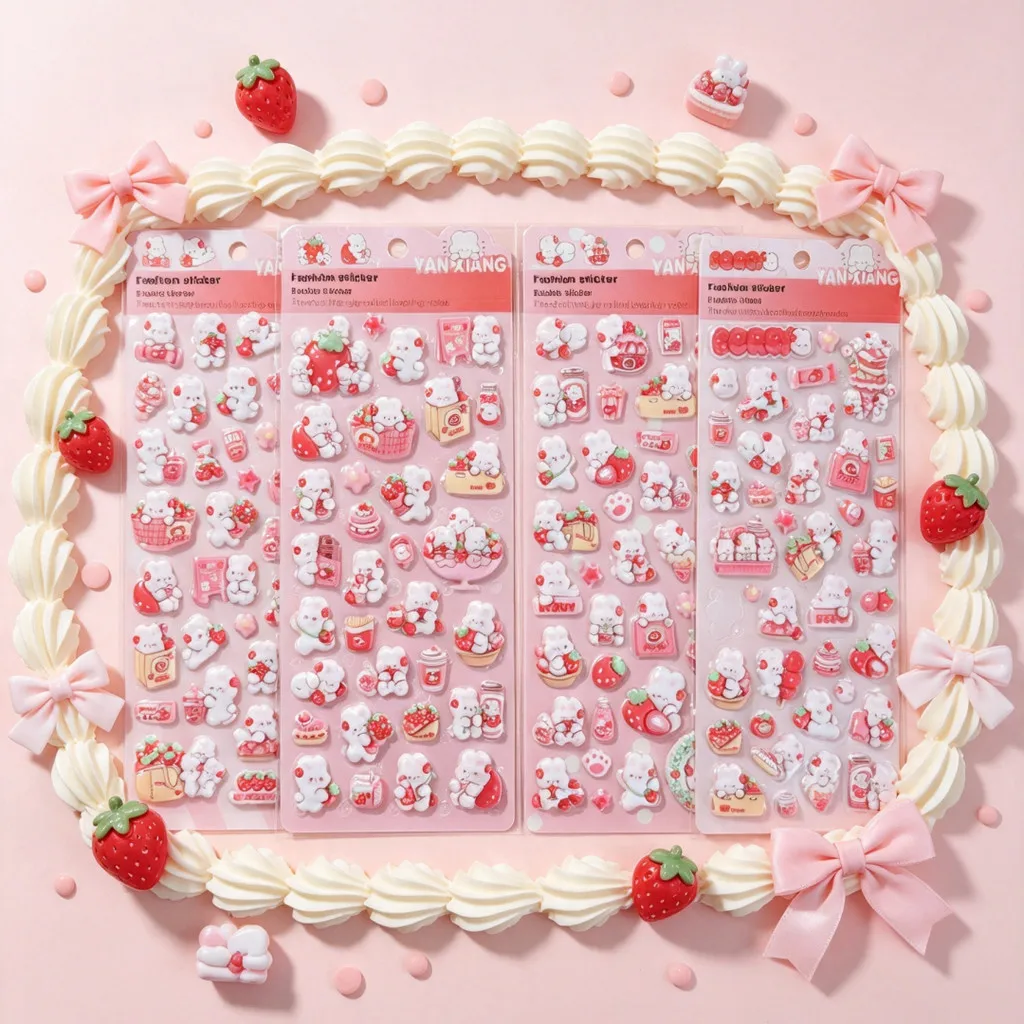 Strawberry White Bear Puffy Stickers 4 Sheets Set Waterproof Bubble Decals for Journal Phone Luggage DIY Decor AnimeWorlds Store