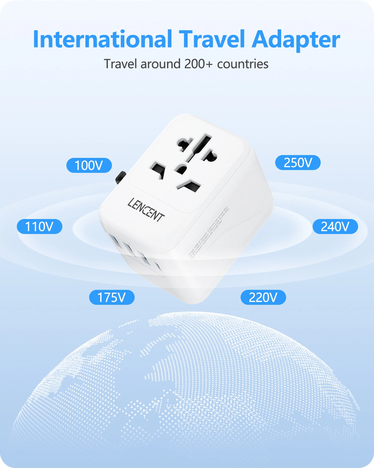 LENCENT محول السفر العالمي شاحن دولي مع 3 منفذ USB 1Type-C PD شحن محول للهواتف المحمولة محول الكمبيوتر المحمول