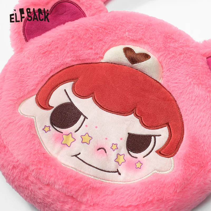 ELFSACK 2025 وصل حديثًا ربيعًا [Ai Maomao] حقيبة يد وردية من القطيفة للنساء حقيبة بناتي كرتونية لطيفة