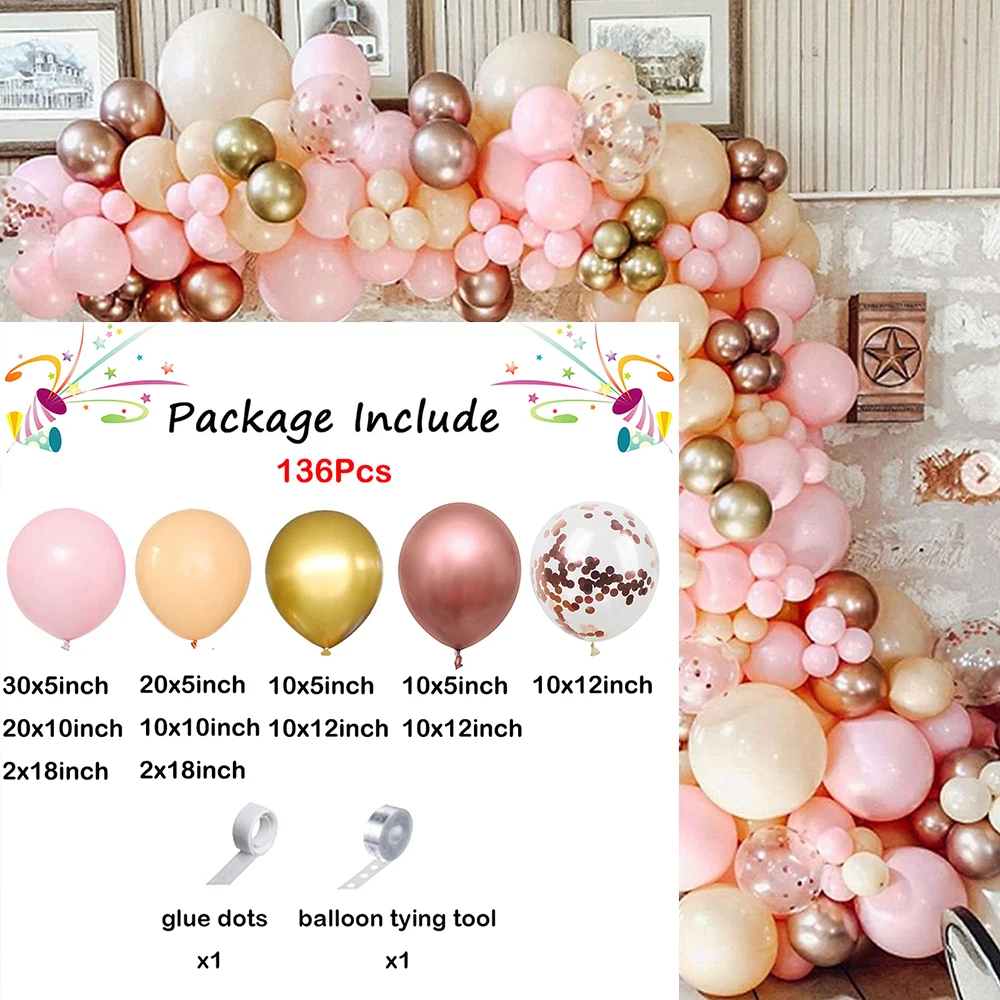 136Pcs Baby Pink Ballon Garland Arch Kit Nude Skin Apricot Metallic Rose Gold Confetti Wedding Birthday Party Bridal Baby Shower