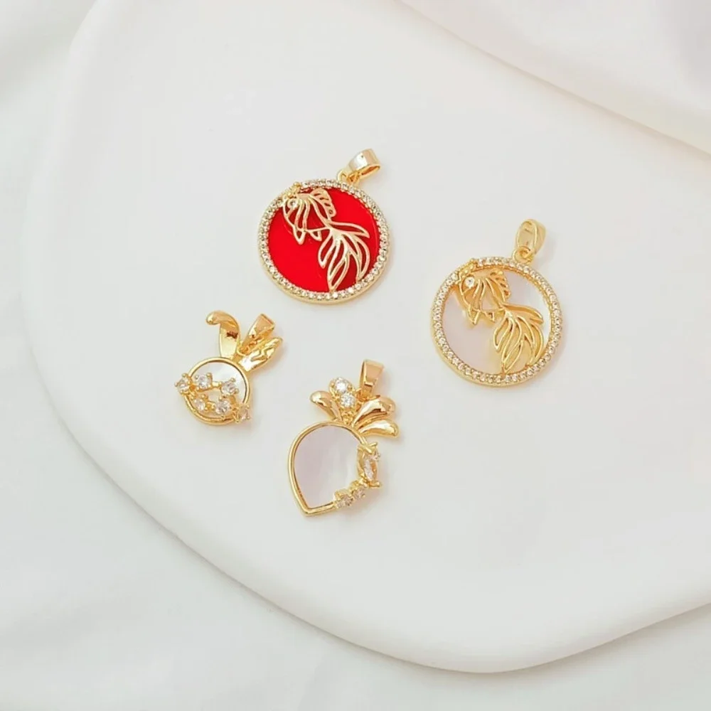 

14K Gold-plated Micro-inlaid Zircon with Shell, Carp, Rabbit Head, Radish and Clover Pendant, DIY Handmade Bracelet Pendant