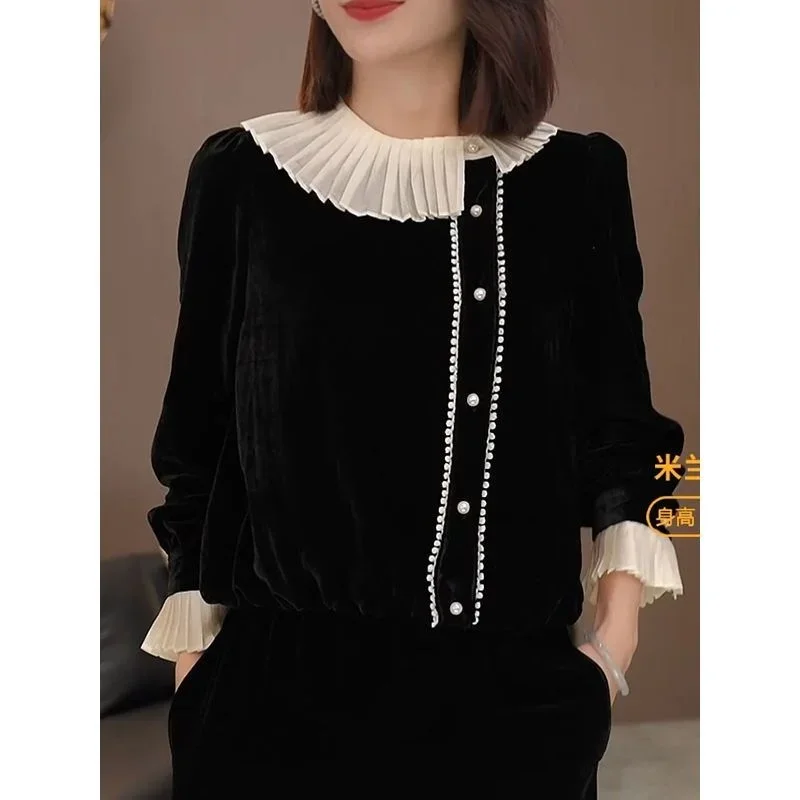

Korean Fashion Black Velvet Blouse Women Autumn New Elegant Splicing Pearl Button Female Tops Casual Long Sleeve High End Shirt