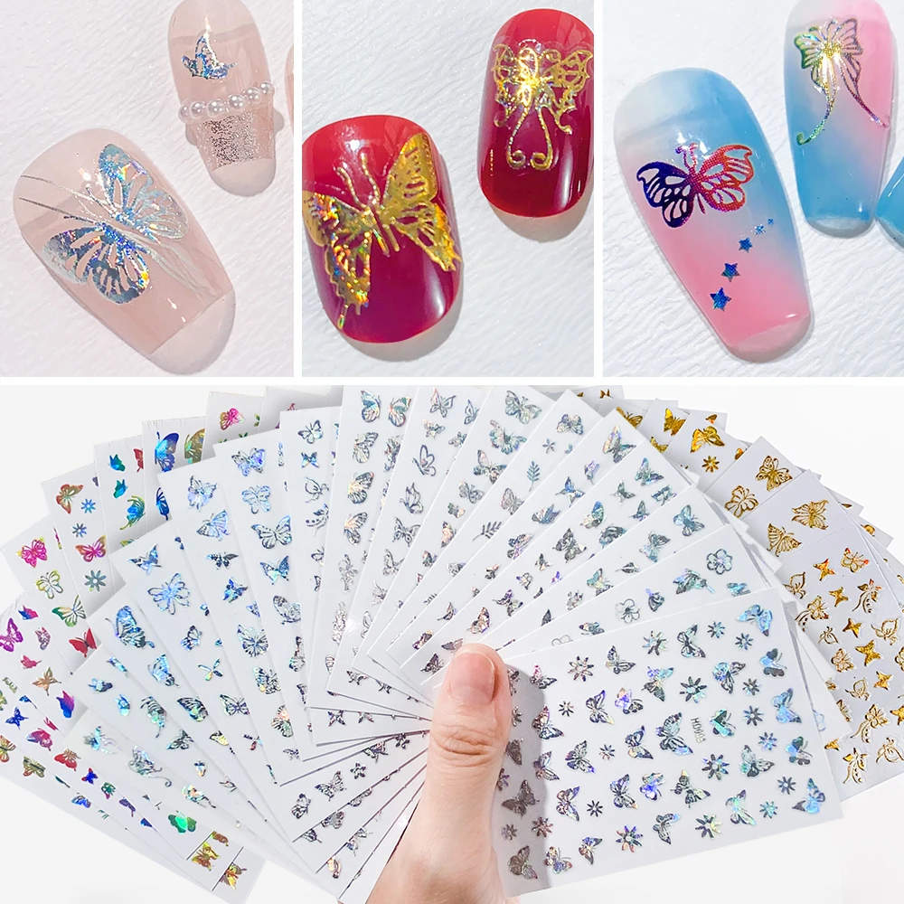 16Pcs/set Colorful Butterfly 3D Nail Sticker Laser Gold Silver Bronzing Butterfly Slider For Nail Tips Beauty Manicure Decals