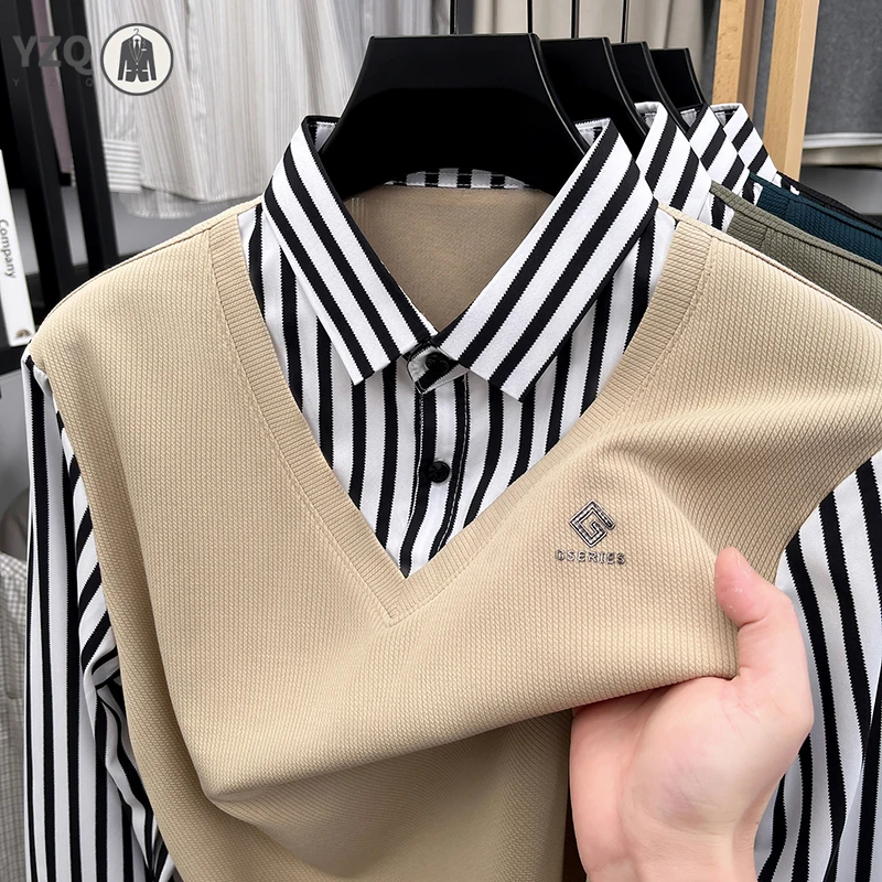 Mens Basic Fake Two Piece Striped Shirt Sweater Vest Long Sleeve Business Casual Top