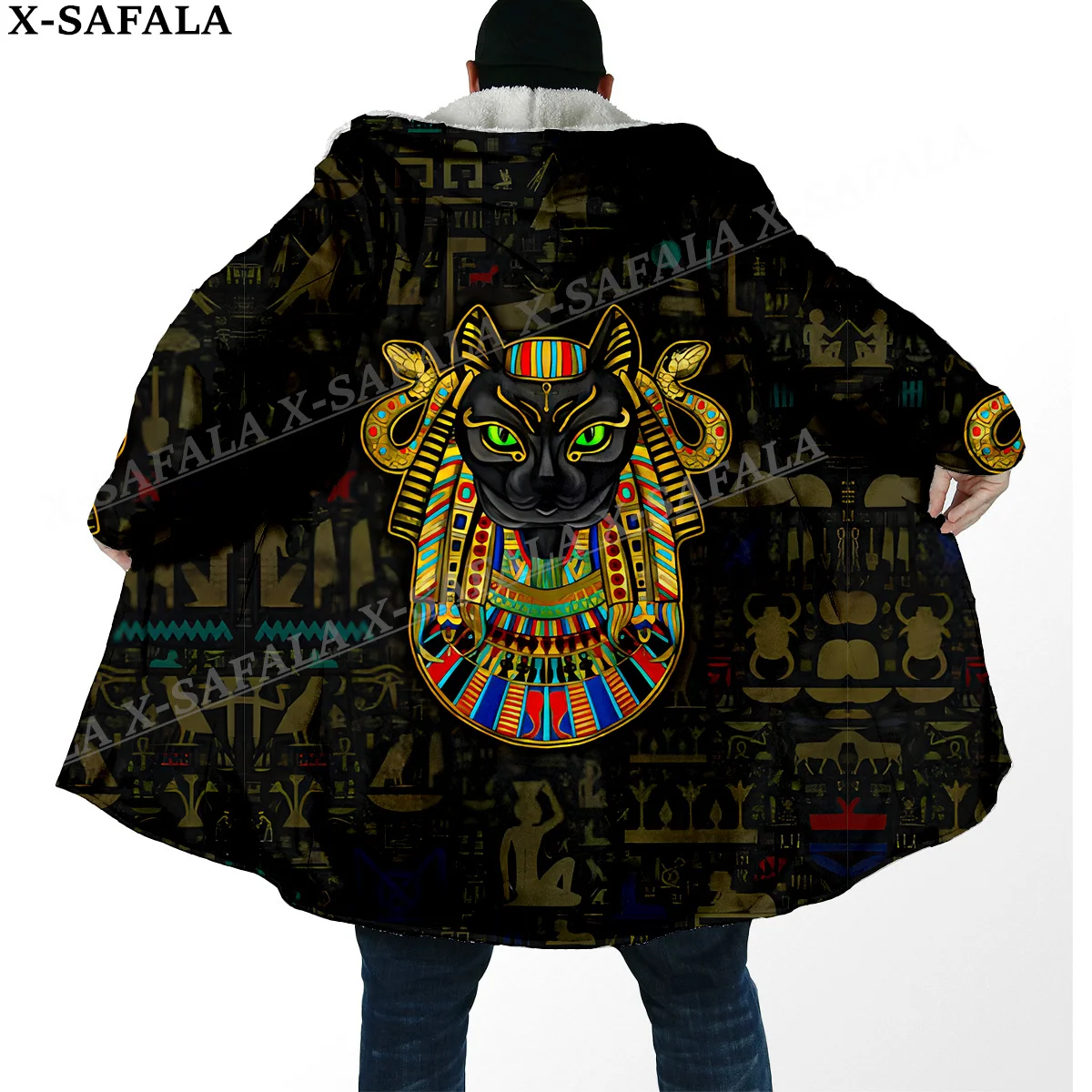 Pharaoh Ancient Egyptian Cat Print Thick Warm Hooded Cloak Men Overcoat Coat Windproof Fleece Cape Robe Hooded Blanket-6