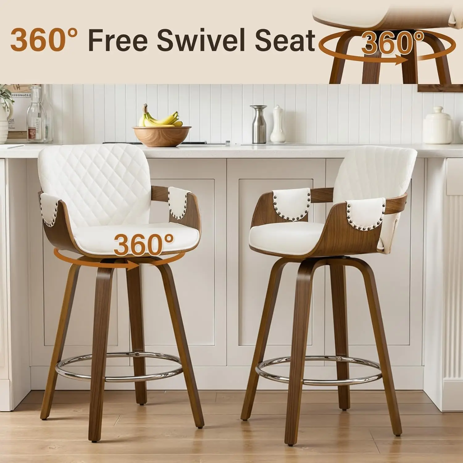 

Swivel 26" Counter Height Bar Stools with Back & Arms Upholstered Walnut Frame Faux Leather Kitchen Island, Custom