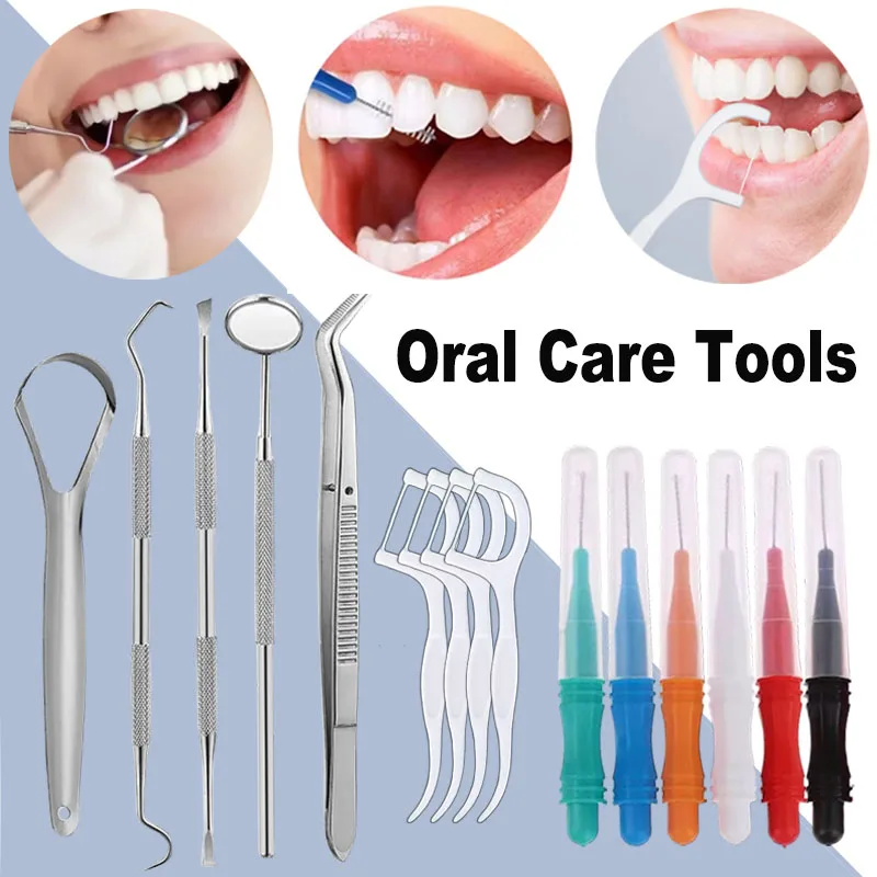 

Oral Care Set Dental Tools Kit 304 Stainless Steel Dental Flossers Interdental Brushes Scraper Mirror Probe Tooth Cleaning Tools