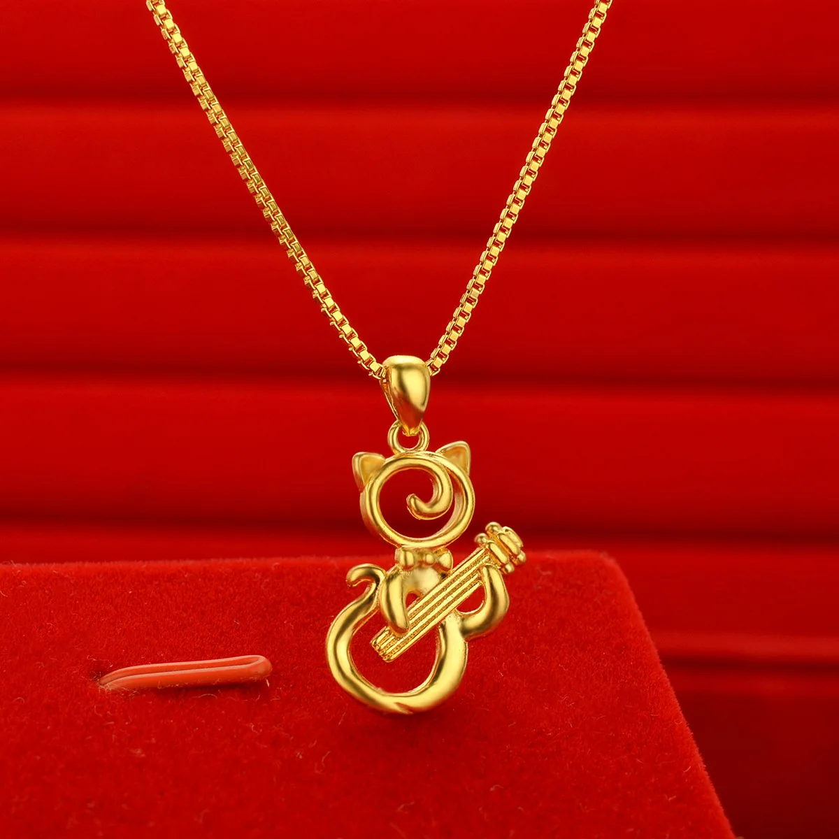 New AU999 gold small lucky elephant necklace female fox kitten pendant 24K pure gold necklace fashionable simple jewelry