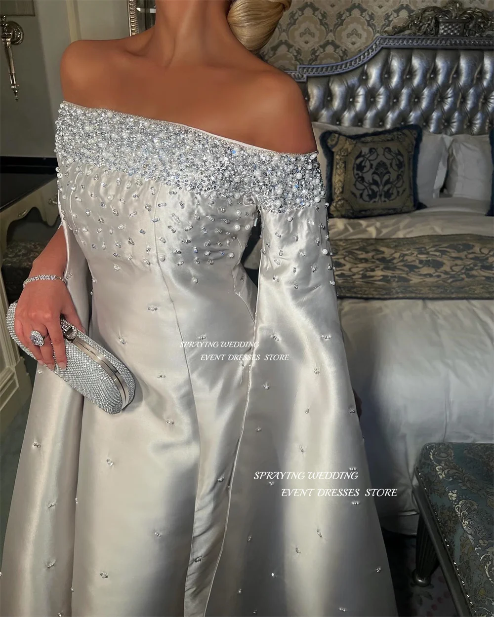 SPRAYING Saudi Arabia Prom Dresses A Line Half Sleeves With Ankle Length Evening Dress Beading Crystals Women Wedding Party Form