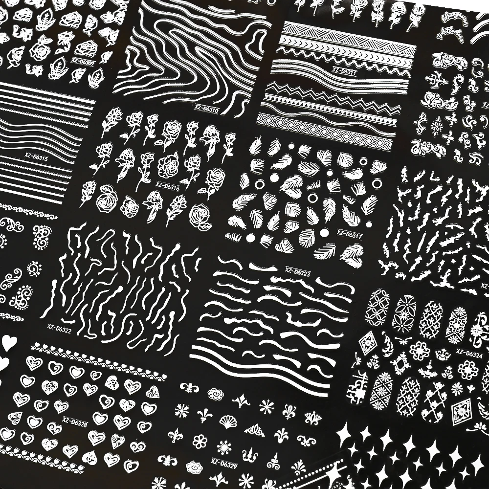 30 個 3D ホワイトフレンチフラワーリーフネイルステッカー愛、スター、幾何学ライン自己粘着ネイルデカールレトロウェディング DIY スライダー &