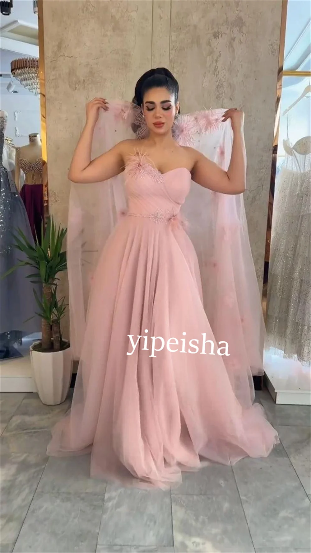 Customized Tulle Flower Feather Pleat Celebrity Straight Column Bespoke Occasion Gown Long Dresses