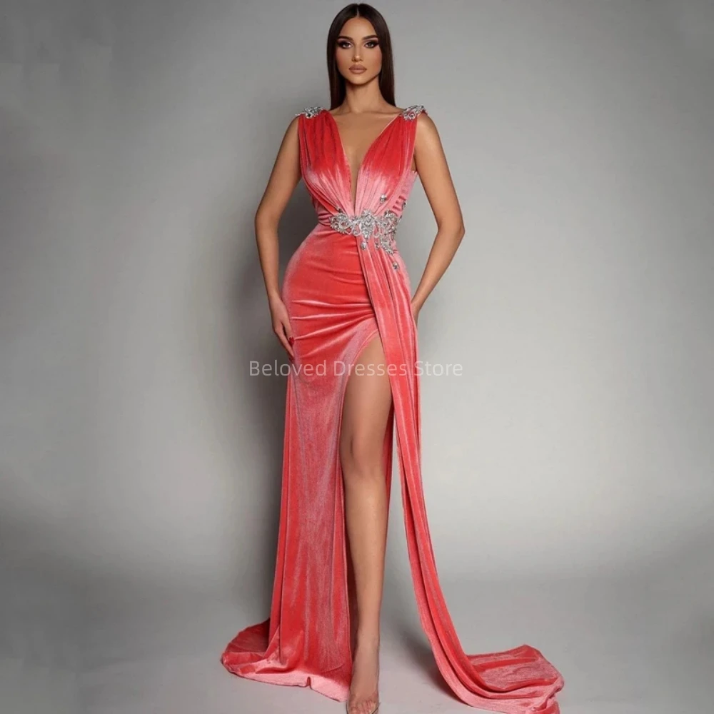 Sexy Mermaid Prom Dresses V-Neck Sleeveless Evening Dresses De Soriee High Side Split Party Gowns Custom Made Vestidos De Noche