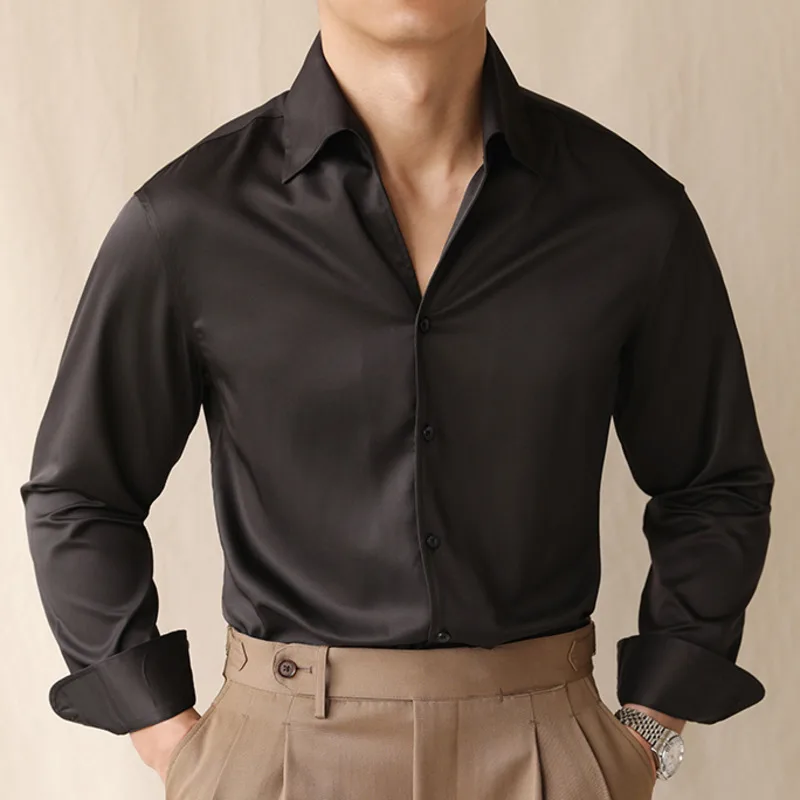 Chemise à manches longues coupe couvertes pour hommes, haut décontracté, rayures de smoking, bureau, coiffeur, social, ourlet, automne