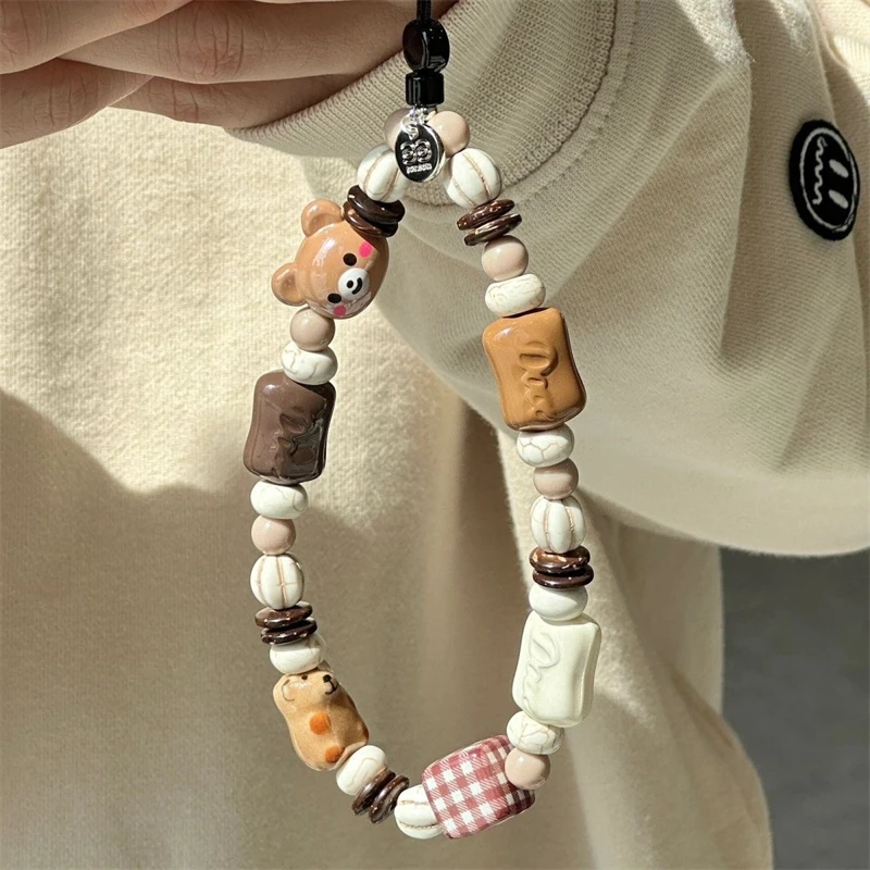 Korean Cute 3D Brown Bear Puppy Beaded Phone Chain Charm Lanyard For iPhone 15 14 7 CCD Camera Hanging Rope Girl Jewelry Pendant