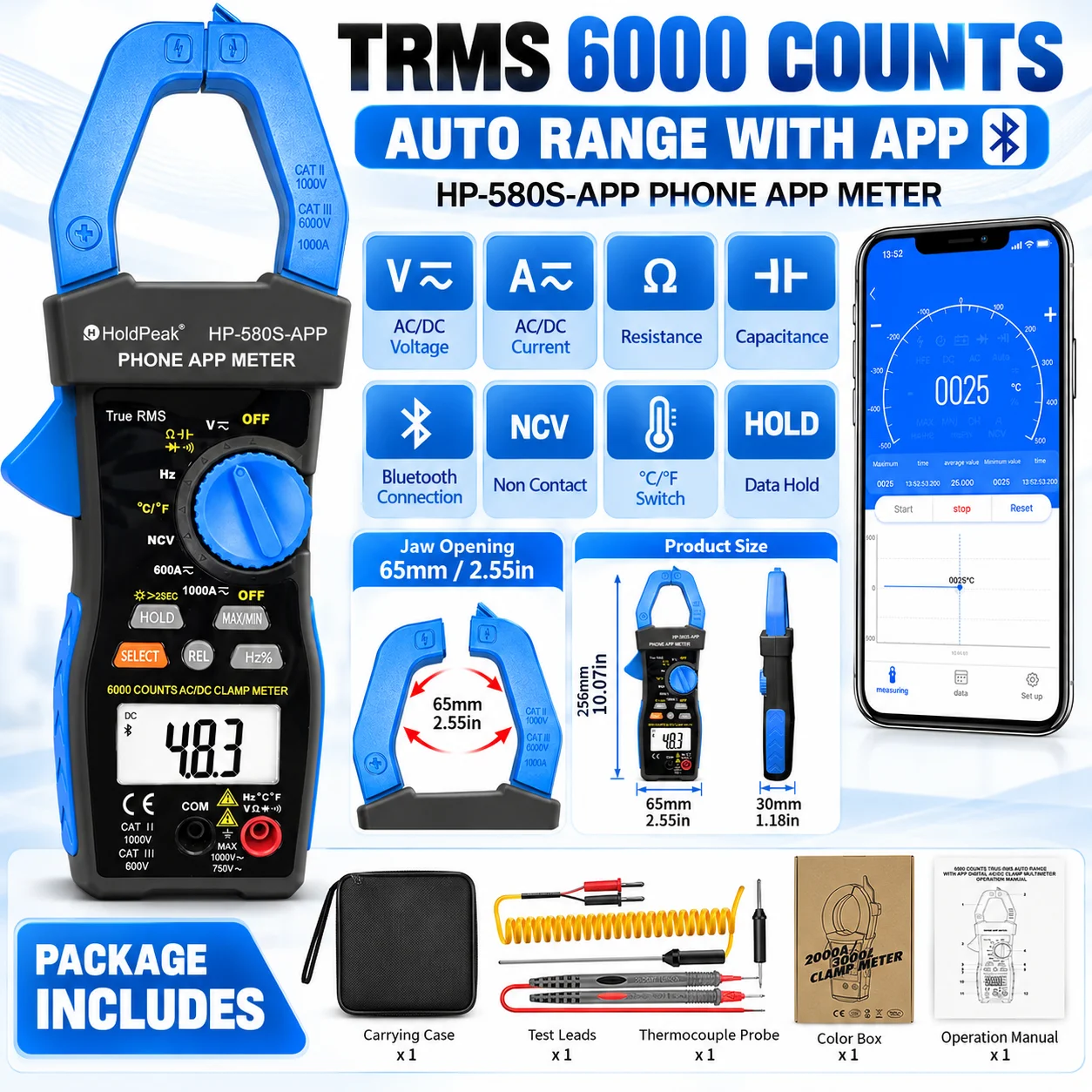 Digital True RMS Clamp Meter 6000Cnt APP NCV AC DC Volt Current LCD Backlight Auto Range Electrician Tester HOLDPEAK HP-580S-APP