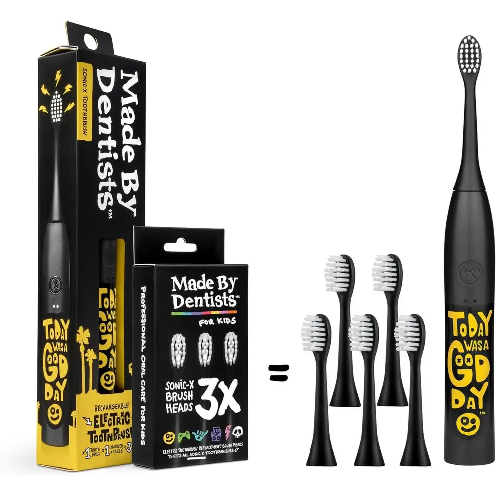 

Rechargeable Kids Toothbrush, 8X Plaque Removal, 2-Speed, 2-Minute Timer, 6 Brushes, Ages 7+, Positive Message Edition