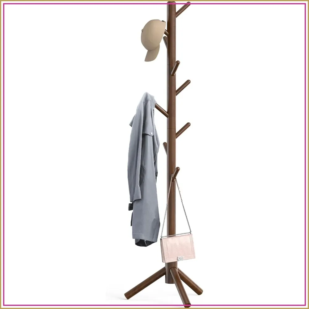 Wooden Coat Rack Stand with 9 Hooks, Adjustable Height, Walnut