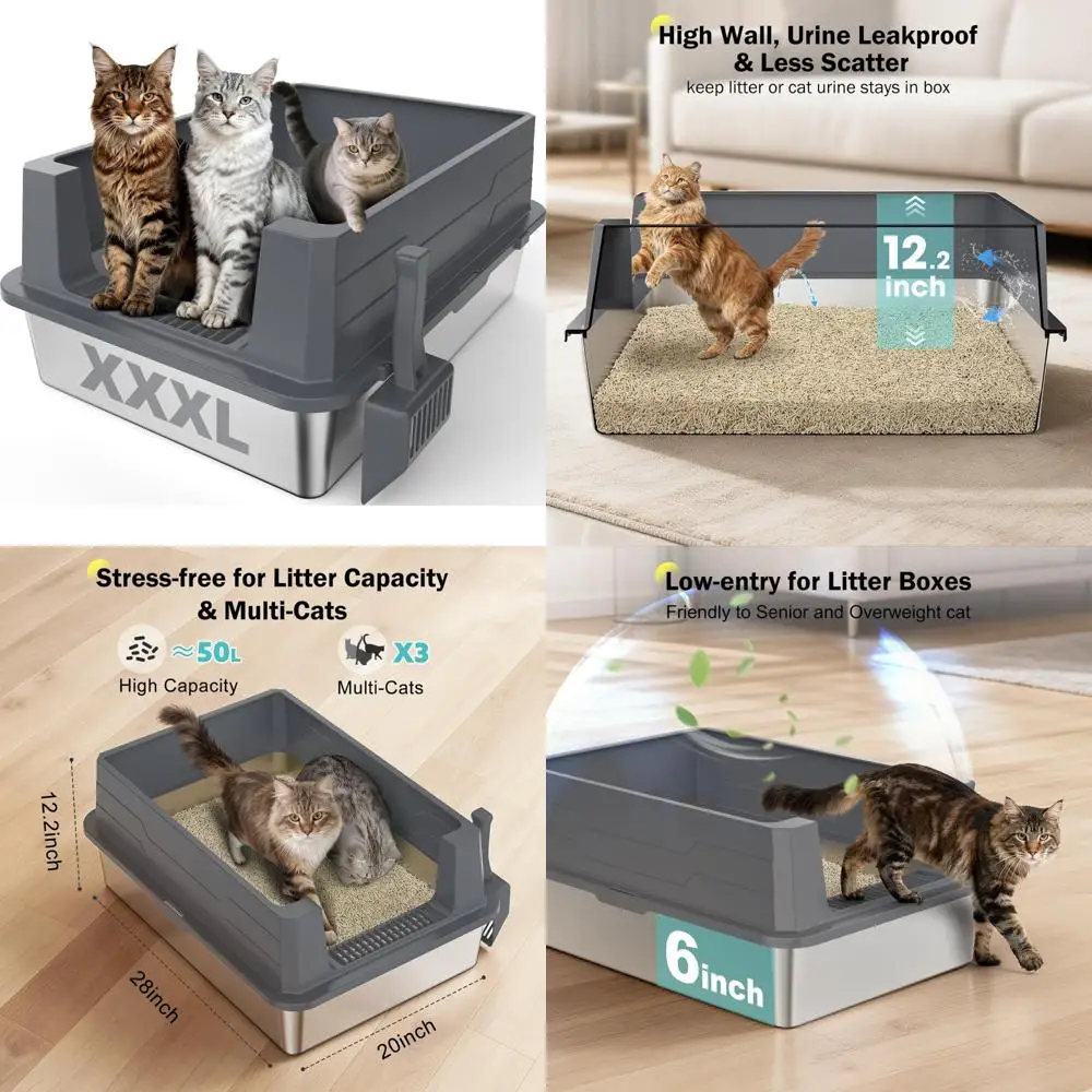 

Лоток из нержавеющей стали очень большой для больших кошек, мульти-кошек, Jumbo Очень большой металлический ящик для кошачьего туалета с высокосторонней крышкой, анти