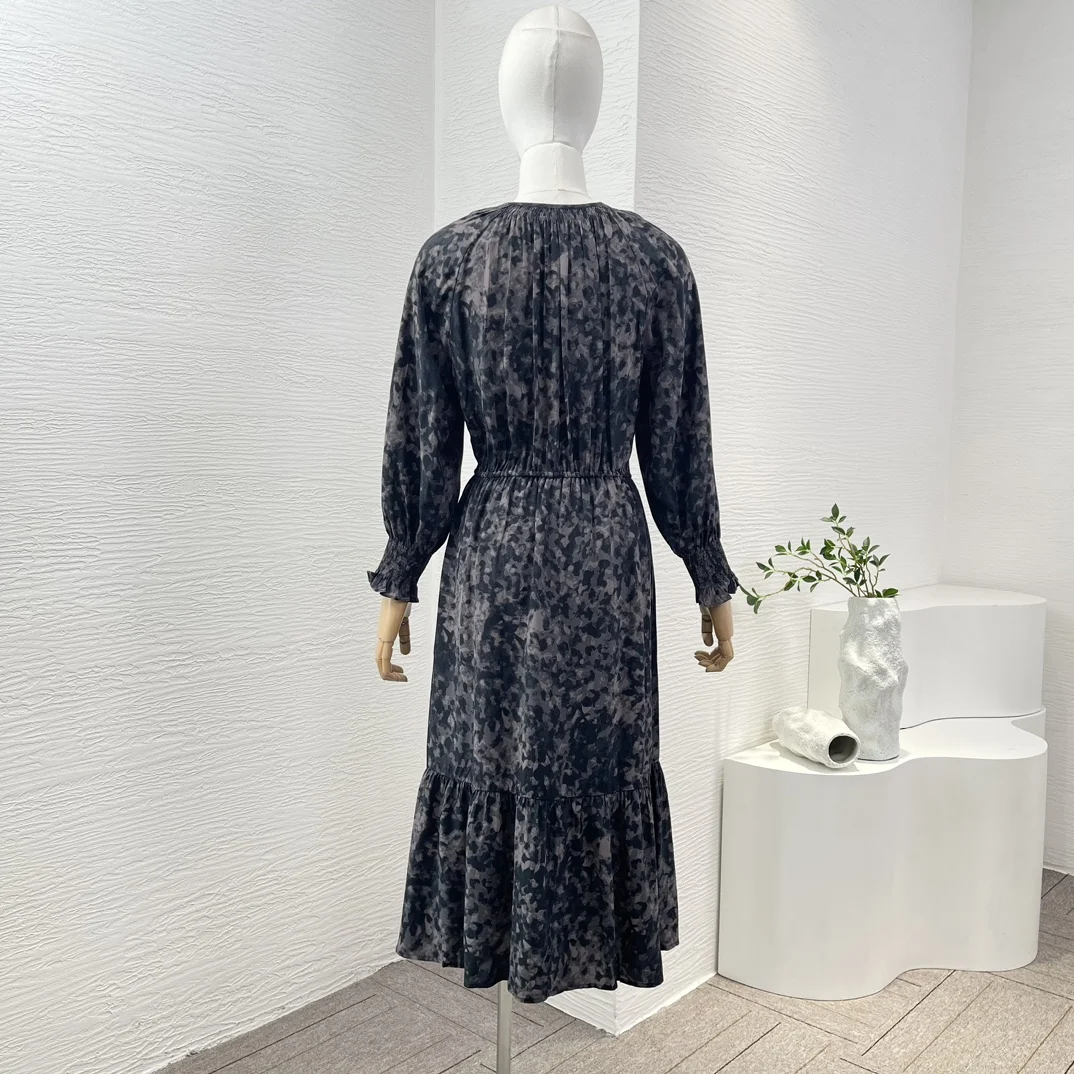 Black Floral Print Long Sleeve V-Neck Midi Dress 2024 New Arrivals Spring Summer Elegant Women Clothing