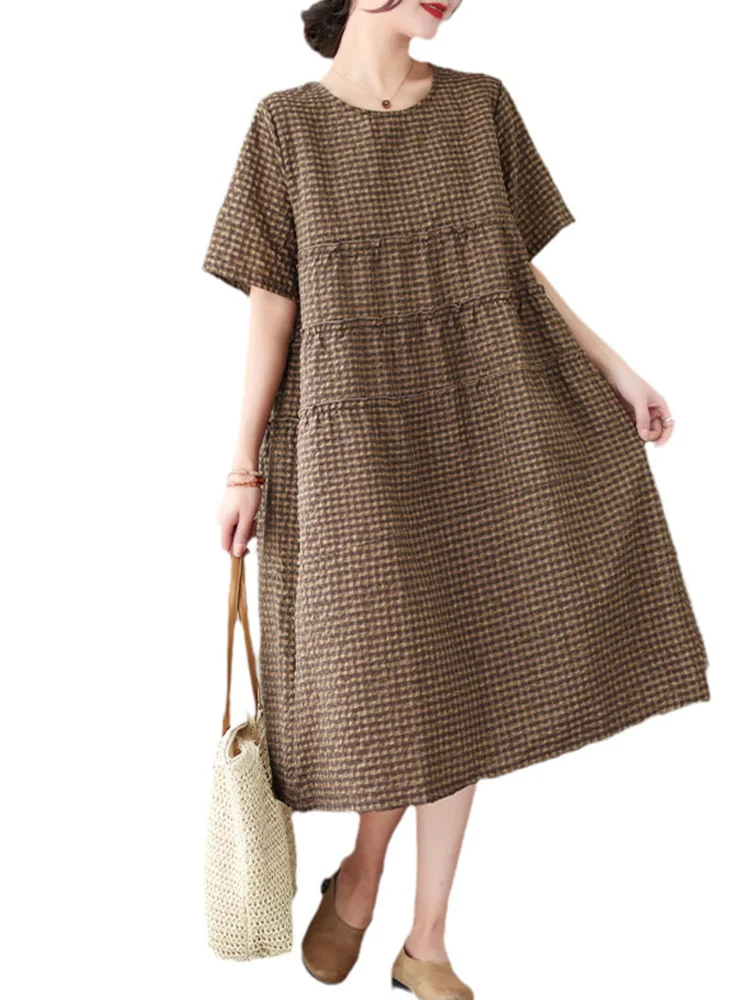 Nuevo 2023 vestido hoado de lino y aodón de talla ande para mujer, falda Midi acampanada a cuadros Vintage, cuello redo...