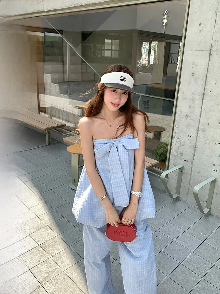 

Комплект Ranwear Sydney Dolphin Bay: топ-бандо с узлом и текстурой в корейском стиле, а также повседневные брюки из хлопка в клетку для женщин