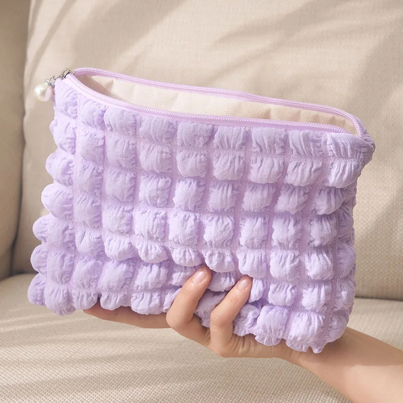 Travel Organizer Portable Zipper Soft Makeup Pouch for Lady Girls Popular Boho Reusable Bubble Cloth Capacity Cosmetic Bag