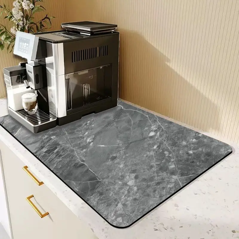 VIKAMA Dark Grey Natural Marble Coffee Mat Oil Resistant Waterproof Absorbent Non Slip Espresso Machine Counter Pad