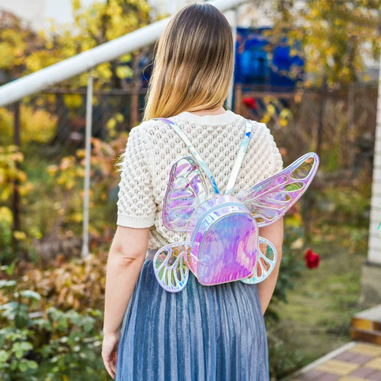 Fashion Women\'s Laser Mini Backpack Butterfly Angel Wings Daypack for Girls Travel Casual Daypack School Bag Holographic Leather