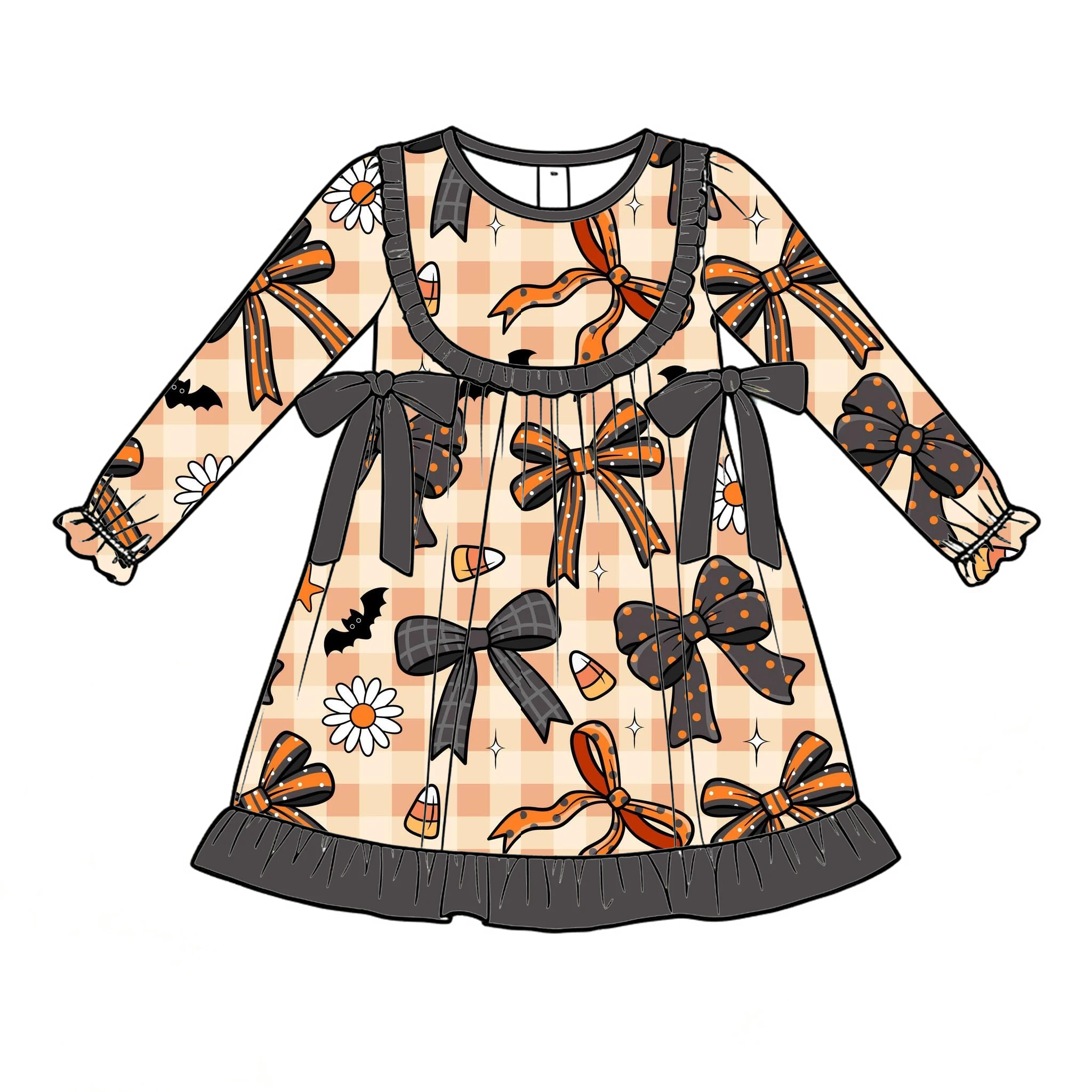 New Boutique Children's Dress Lapel Ruffle Long-sleeved Bow Decoration Buttons at the Back Halloween Series Print Wholesale
