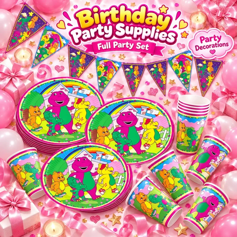 Barney Teller Tasse Dreieckige Flagge Happy Birthday Party Dekoration Einweg-Tischgeschirr-Set Charakter-Drucke Bestseller-Zubehör