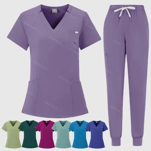 Multicolor mujer tienda de mascotas médico exfoliante cirugía médica ropa de trabajo conjunto exfoliante uniforme Tops de manga corta + Pantalones uniforme para enfermería