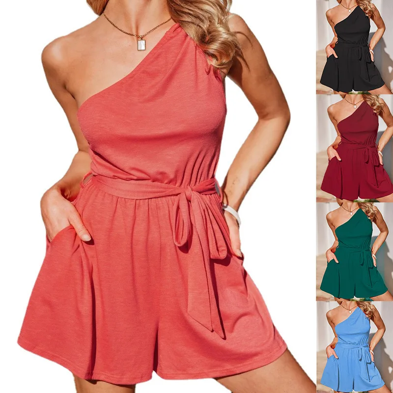 

2024 Summer Women's New Strapless Tie Pocket Street Casual Solid Colour One-piece Shorts Jumpsuit Ladies Daily Wear Jumpsuit Set