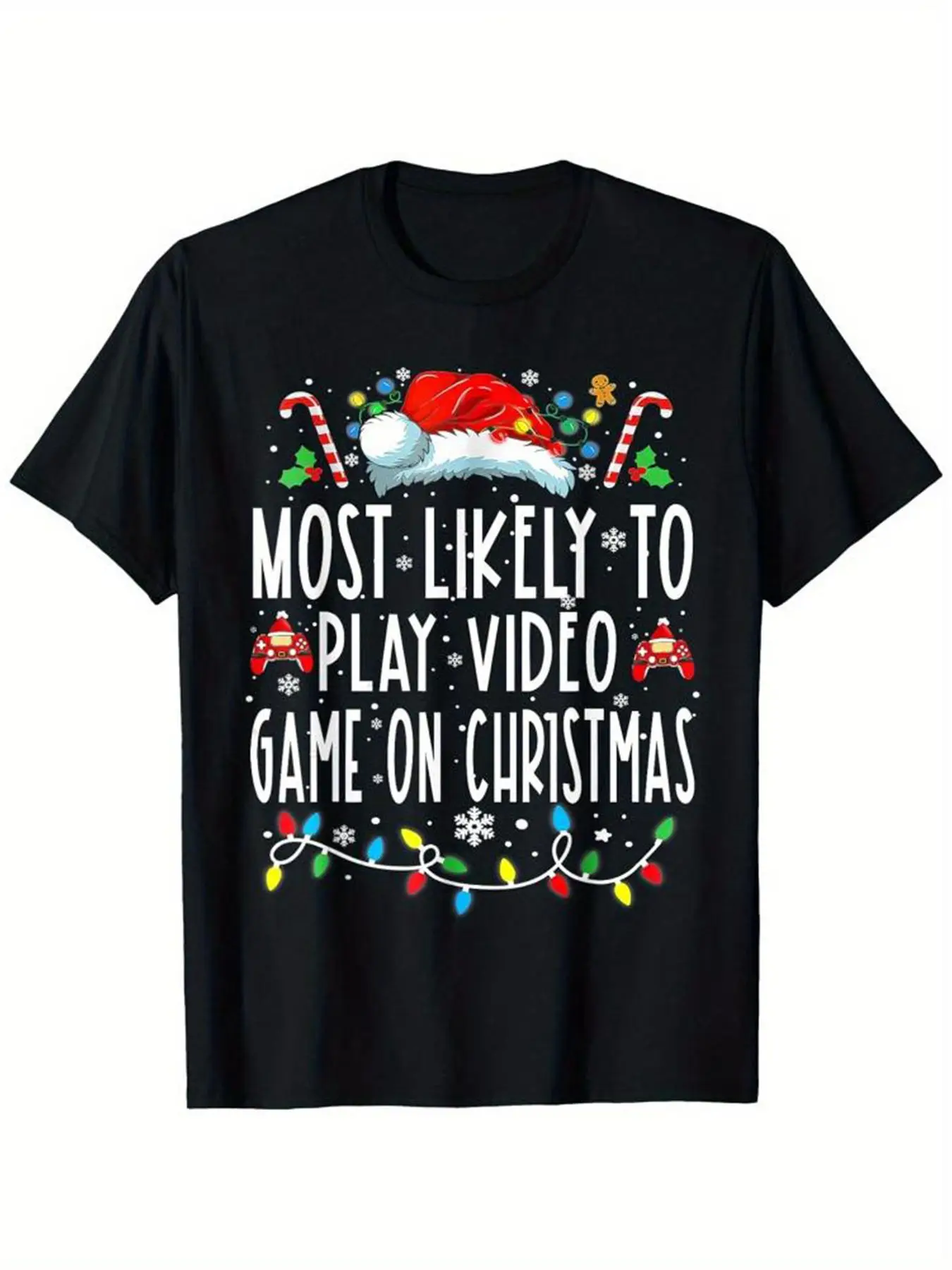 T-Shirts Most Likely to Play Video Games at Christmas - Fun Festive Design with Christmas Hat Pattern, Comfortable