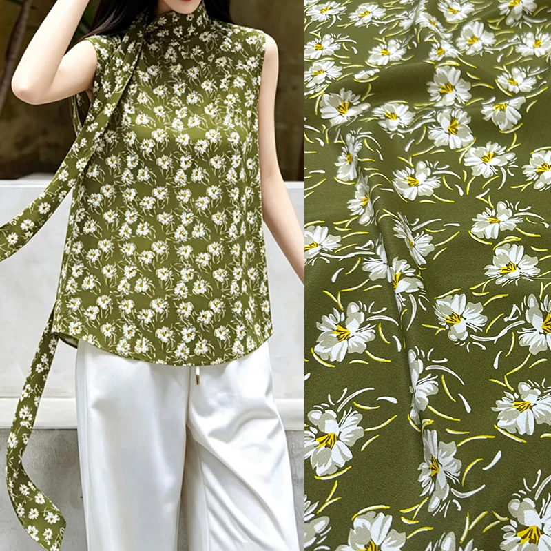 White Floral Printed Stretch Silk Crepe de Chine Fabric for DIY Sewing Summer Soft Green Dress Pajamas Silk Fabric FR7027