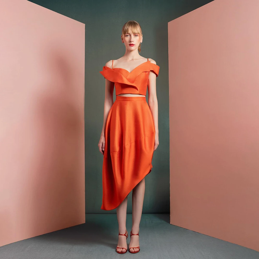 

Elegant Orange Two Pieces Satins Women Skirts Chic A-Line Flared Skirt for Women Asymmetrical Tea-Length Satin Casual Skirt