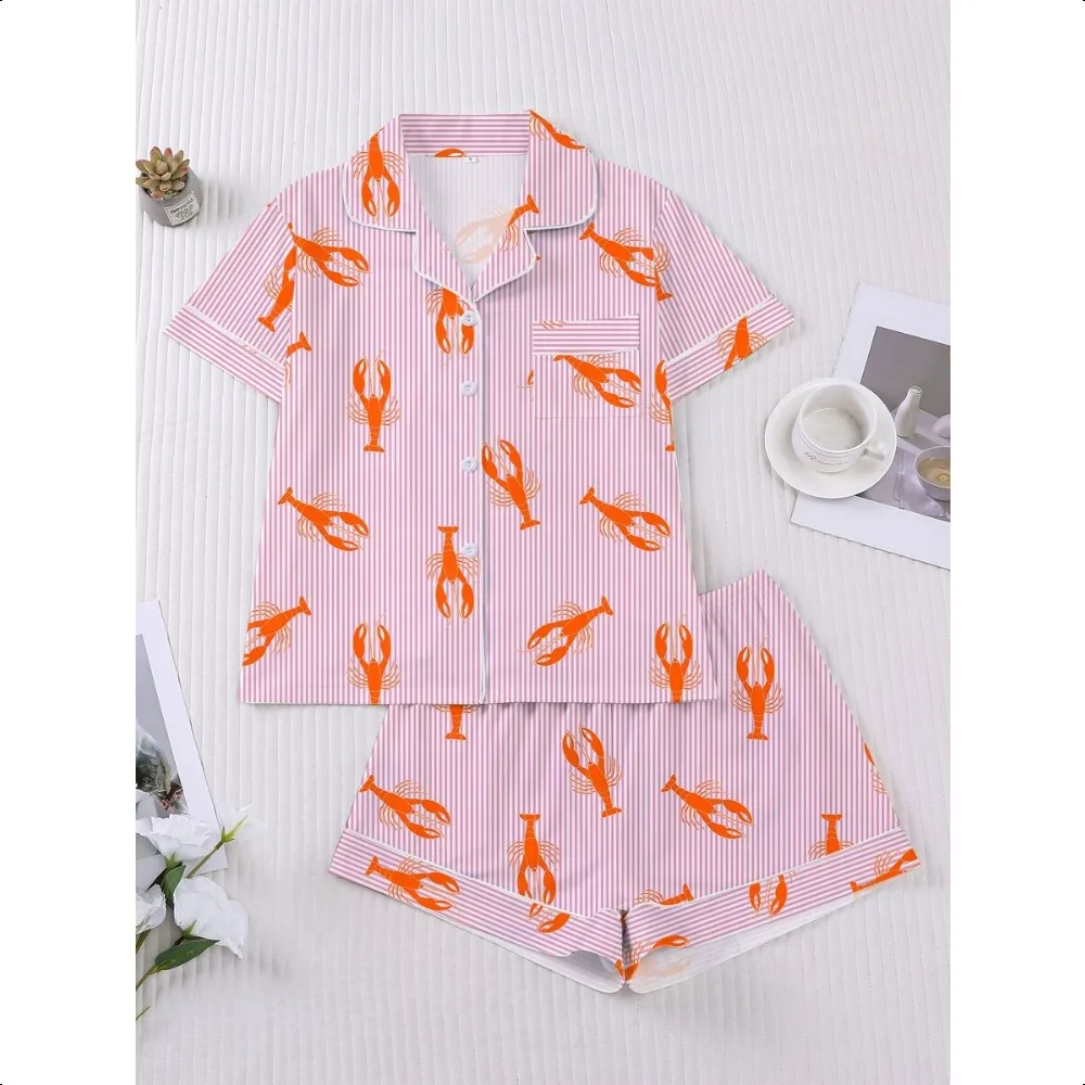 

Striped Lobster Print 2Pcs Pajama Set, Collared Top & Elastic Shorts, Spring Summer Women Loungewear Gift