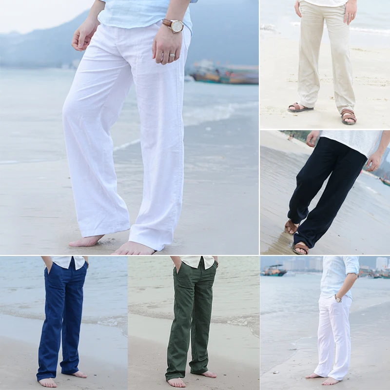 Men Cotton Linen Wed Leg Trousers Summer Casual Comfortable Thai Fisherman Loose Long Pants White Black Solid Autumn M-3XL