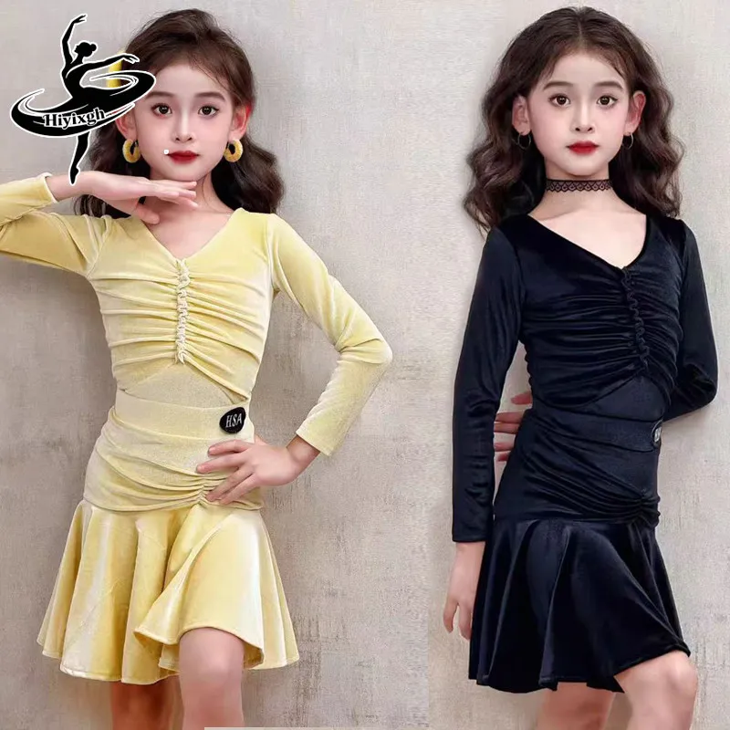 

Новая танцевальная одежда по национальному стандарту для девочек, бархатный костюм с длинными рукавами, одежда для соревнований по латинским танцам, ча-ча-ча, румба, танго