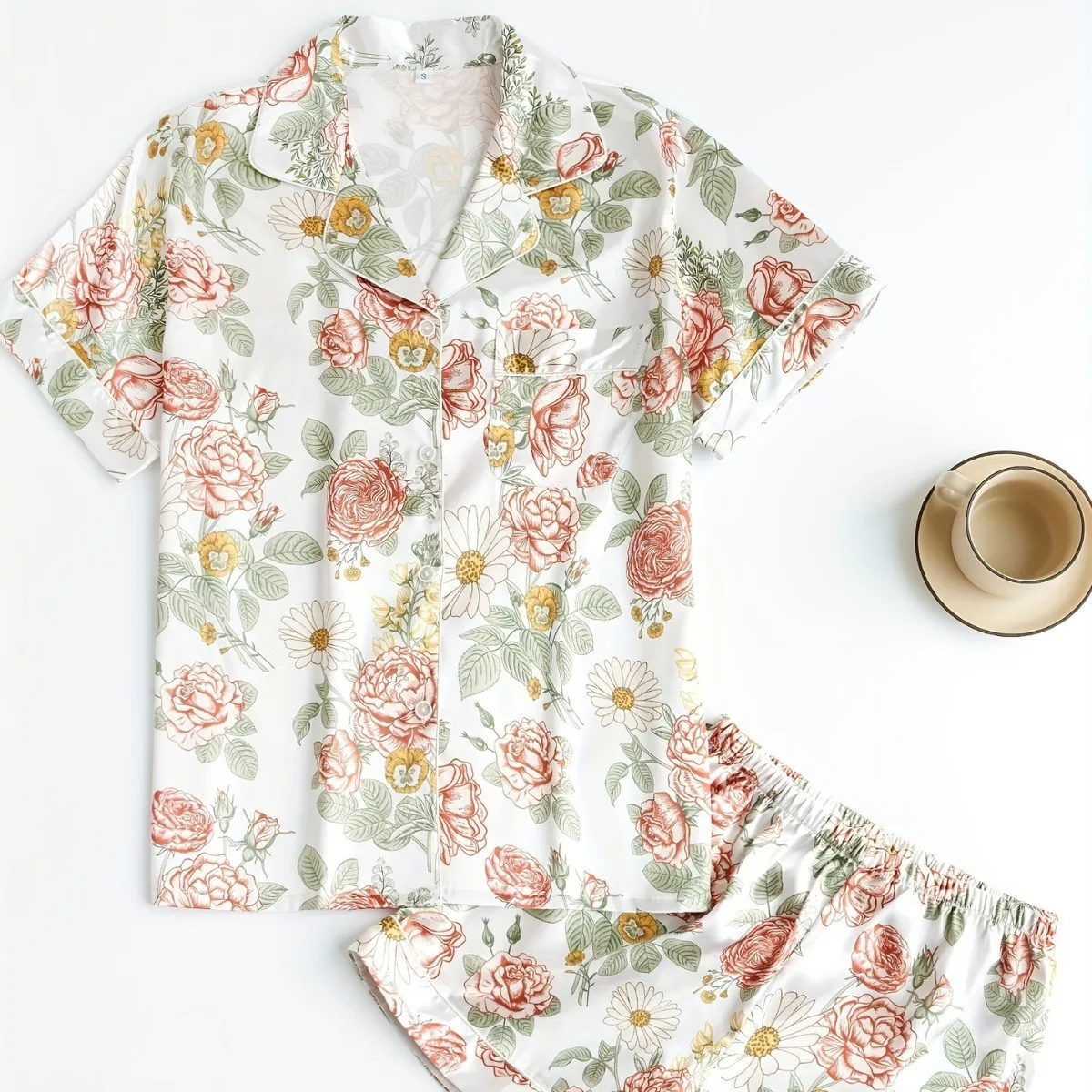 

Сексуальный комплект домашней одежды с короткими рукавами и шортами, с принтом в виде зеленых листьев и цветов, тонкий