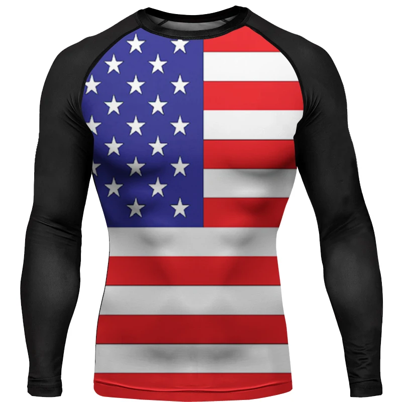 MMA BBJ Rashguard T-shirt Men's short sleeved tight fitting shirt Muay Thai flag GI Taekwondo shirt Sports breathable boxing top